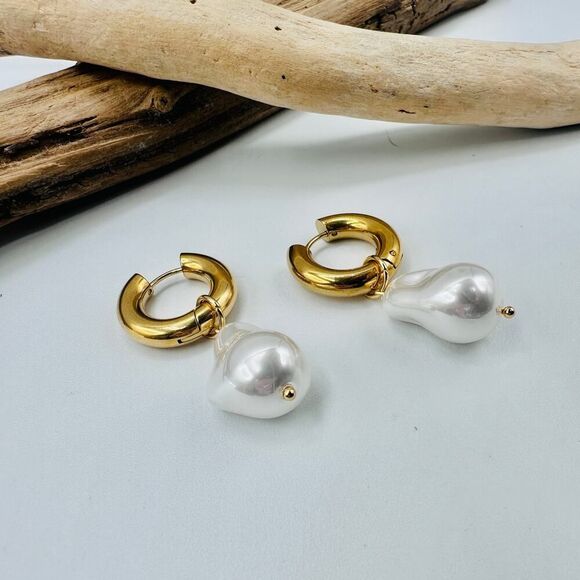 Baroque Pearl Gold Hoop Huggie Earrings 18K Stainless Steel - Picture 6 of 6